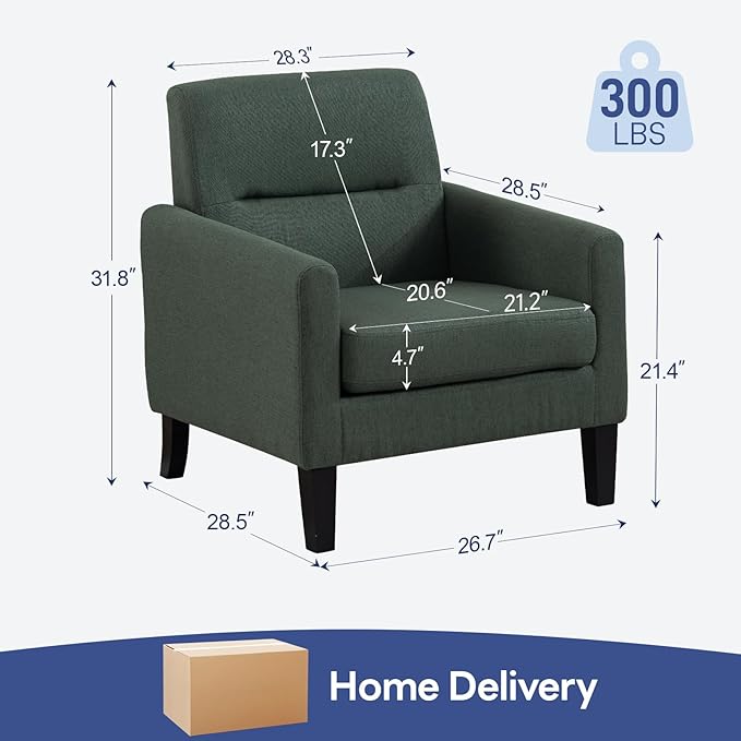 Accent Chair, Mid Century Modern Living Room Chairs Comfy Reading Chair with Upholstered Cushion Relax Armchair for Bedroom Apartment,Office,Green