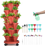 Vertical Planter, 6 Tier Stackable Strawberry Planter with Garden Tool Set, Movable Indoor/Outdoor Garden Herb Pot for Growing Vegetables and Succulents, Red