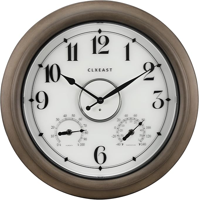 CLXEAST Illuminated Outdoor Clocks Waterproof 18 Inch with Smart Sensor,Large Outdoor Pool Clock with Temperature & Hygrometer,Grey Oak/Faux Barnwood,House Warming Gifts New Home