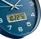 Wall Clock, 14" Large Dial Non-Ticking Silent Battery Operated Analog with LCD Display for Perpetual Calendar and F° Temperature, Ideal Modern Home, Bedroom, Kitchen, Office Decor (Blue)
