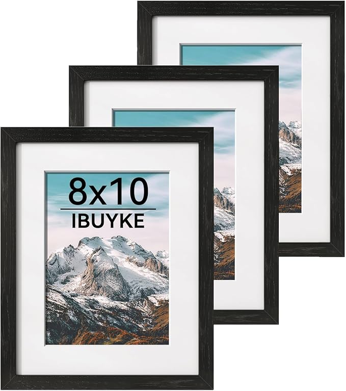 IBUYKE 8x10 Picture Frame,Set of 3,Solid Oak Wood 8x10 Photo Frame with Mat to 5x7,10x8 Picture Frames With Tempered Glass,Tabletop or Wall Mount Display,Home Decor,Black Oak 8 x 10 Frame,UWPF0810B-3
