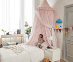 VETHIN Bed Canopy for with Lights,Double Layer Princess Round Dome Dreamy Mosquito Net Bedding Girls Room Castle Play Tent Hanging House Decor Reading Nook Canopies(Beige Pink/White)