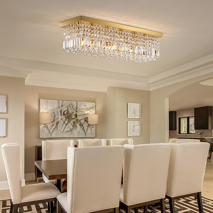 Siljoy Modern Crystal Chandelier 6-Lights Rectangle Flush Mount Pendant Ceiling Light Fixture Luxury Gold Rectangular K9 Crystal Raindrop Chandelier for Dining Living Room Kitchen Island Bar L31.5''