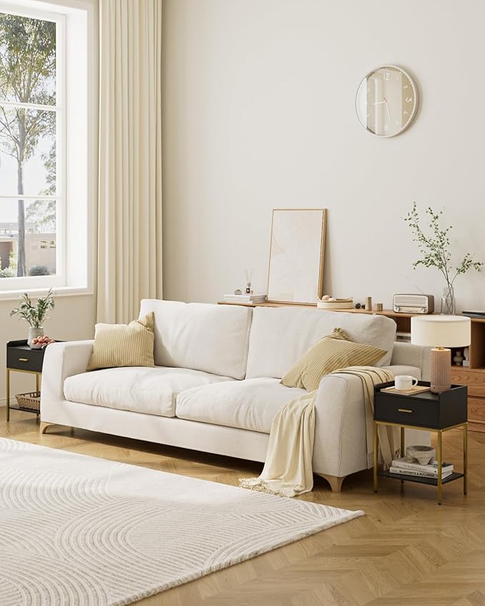 Masupu Nightstand,Bedside Table 3-Tier Modern Night Stand with Storage Drawer and Shelf,Small End Side Table for Bedroom,Living Room,Black (Without Outlet, Black)