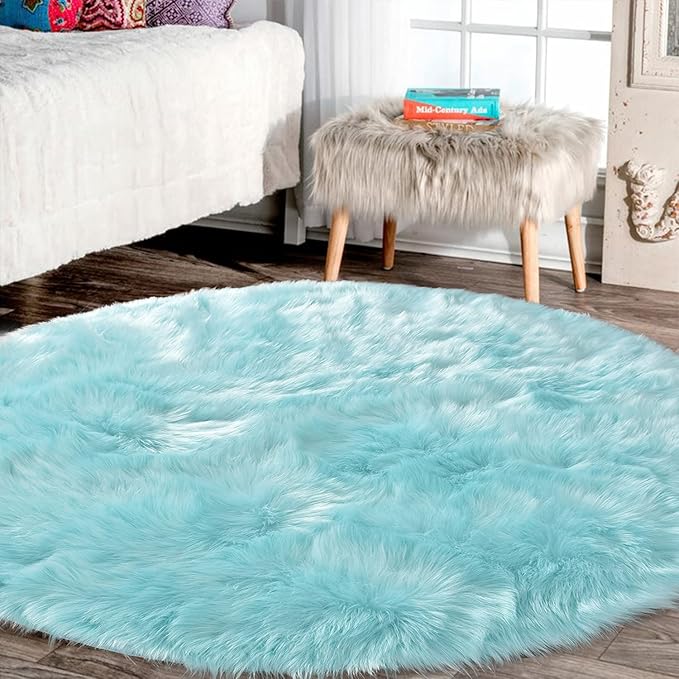 Latepis Large Faux Fur Rug Light Blue Round Rug s6.7ft Circle Fuzzy Plush Rugs for Bedroom Soft Fluffy Rug for Living Room Luxury Home Decor