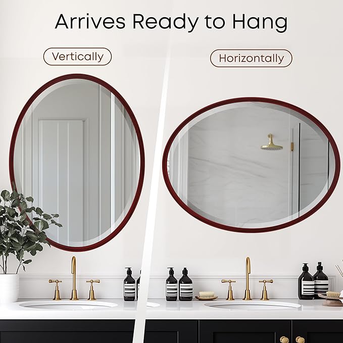 OVALCREST - Oval Wooden Beveled Wall Mirror for Home Decor, Bathroom, Vanity, Bedroom, Living Room, Hallway - London Style (Black Cherry) 13.1 x 17.1