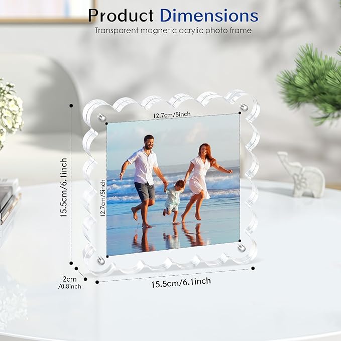 Acrylic Picture Frames. 5×5inch 6Pack - Double-Sided Scalloped Photo Frame, 20mm Ultra-Clear Block, Modern Desktop Display for Home/Office Decor (6 Pack, 5X5)