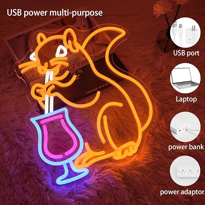 Squirrel Cocktail Neon Sign for Wall Decor, Orange Squirrel Neon Light, USB Powered Animal Cocktail Bar Led Light Up Sign for Bar, Bedroom, Man Cave, Business, Game Room