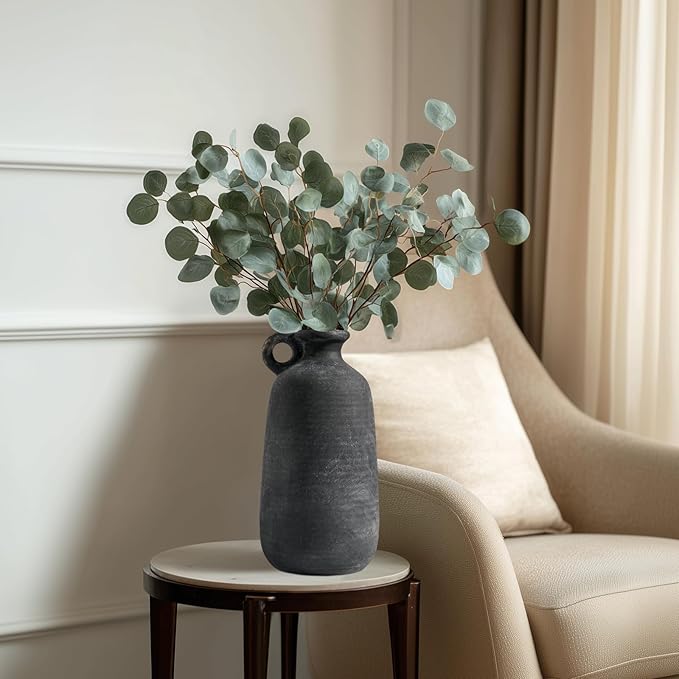 Sunddo Rustic Farmhouse Vase with Handle, 10 inch Black Ceramic Flower Vase, Terracotta Clay Stone Pottery, Black Kitchen Decor, Entryway Shelf Living Room Table Decor