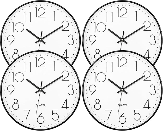 Lumuasky 4 Pack Wall Clock,12 Inch Silent Battery Operated Non Ticking Quartz Round Analog Classic Clock Modern Design for Home Office Classroom School Living Room Bedroom