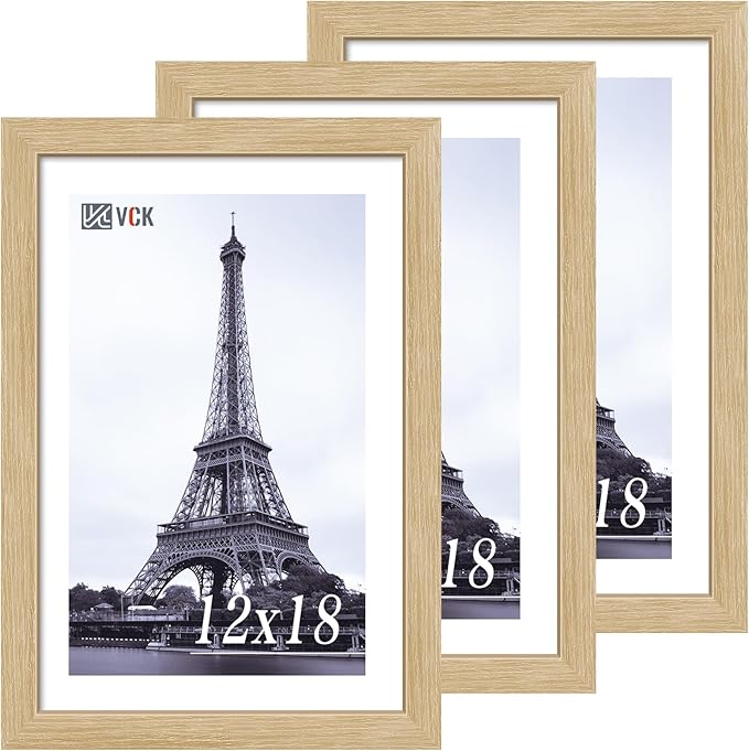 VCK 12x18 Oak Wood Frame for Poster & Picture, Natural Solid Wood Photo Frames 3 Pack, Wall Gallery Frame