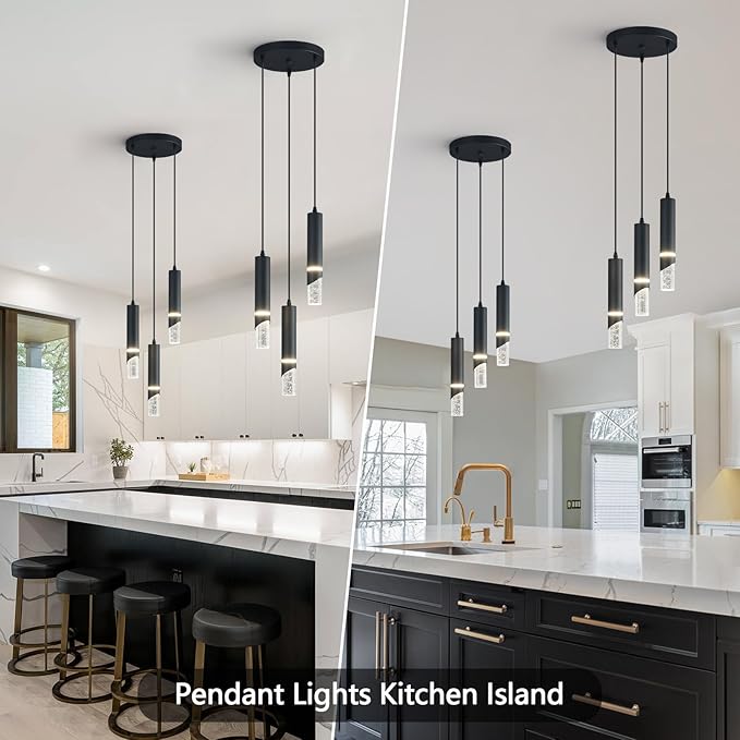 Modern Dimmable Led Pendant Lights Kitchen Island, Ideal for Living Room, Bedroom,Sink 18w LED Crystal Energy-Saving Hanging Lamp for Cozy Lighting (Black 3 Light)