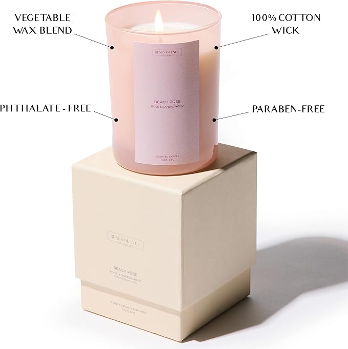 Rose & Sandalwood Scented Candle | Benevolence LA Sun-Kissed Collection | 11oz, 60-Hour Burn | Natural Soy Wax, Cotton Wick | Fall Scented Candles for Home, Elegant Gift – Beach Rose