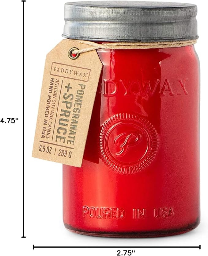 Paddywax Scented Candles Relish Collection Soy Wax Artisan Candle in Glass Jar with Lid, 9.5-Ounce, Pomegranate + Spruce