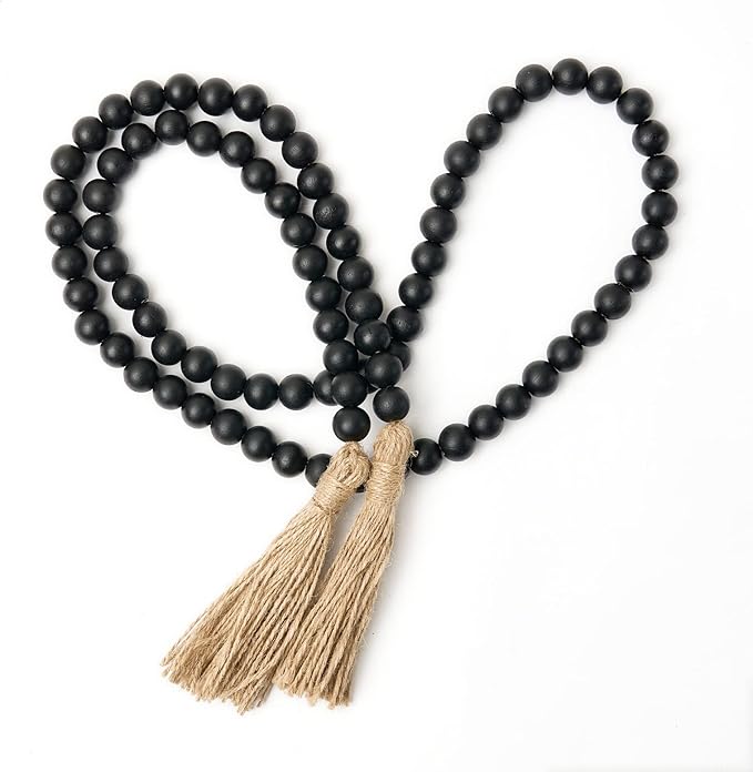 OMISHE 59in Wood Bead Garland with Tassels, Decorative Beads, Farmhouse Wooden Beads Garland for Wall Hanging Home Festival Decor, Black