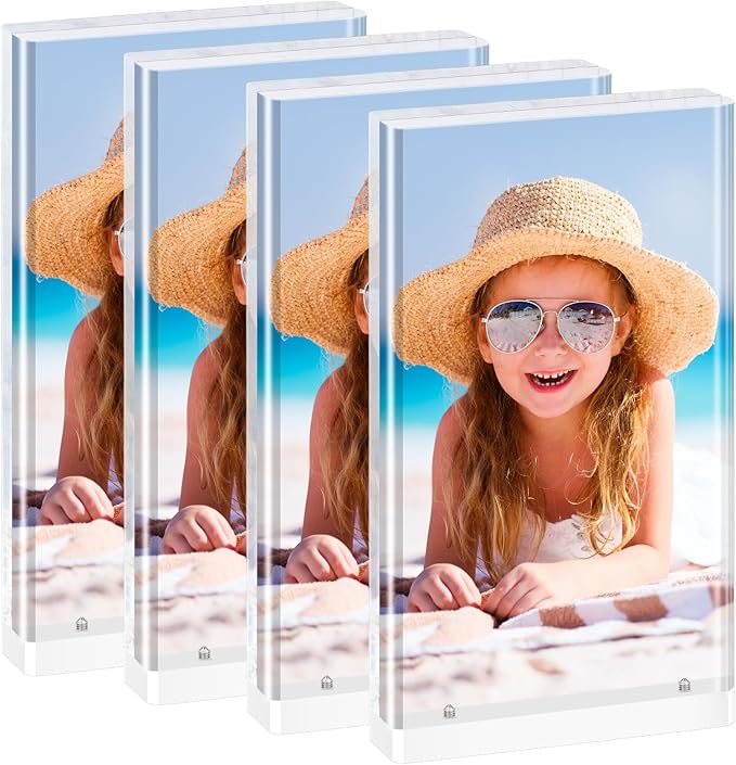 5x7 Acrylic Picture Frame, 4-Pack Magnetic Free-Standing Double-Sided Vertical Display, Clear Frameless Panels, Discreet White Base for Desk/Tabletop, Home & Office Decor