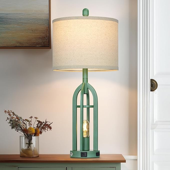 27" Tall Coastal Lamp,Retro-Green Vintage Bedside Nightstand Lamps with USB C+A & AC Outlet,3-Way Dimmable Touch Control Table Lamps for Bedroom Living Room with Night Light,Single Green
