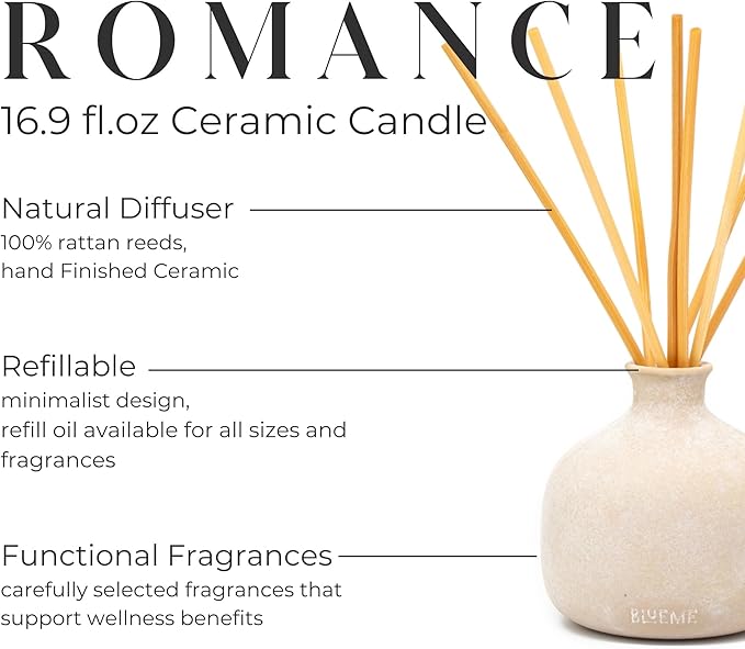 BLUEME Romance-Oakmoss & Sandalwood, 16.91 Fl Oz Wellness Diffuser, Contains Essential Oil, Sustainable, Hand Finished, Premium, Luxury Ceramic, Natural Rattan Reeds