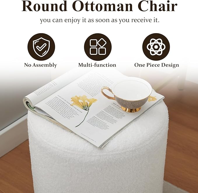 Modern Round Ottoman 2Pcs, Classic Foot Stool Ottoman, Teddy Fleece Upholstered Vanity Stool for Makeup, Bedroom, Living Room, White
