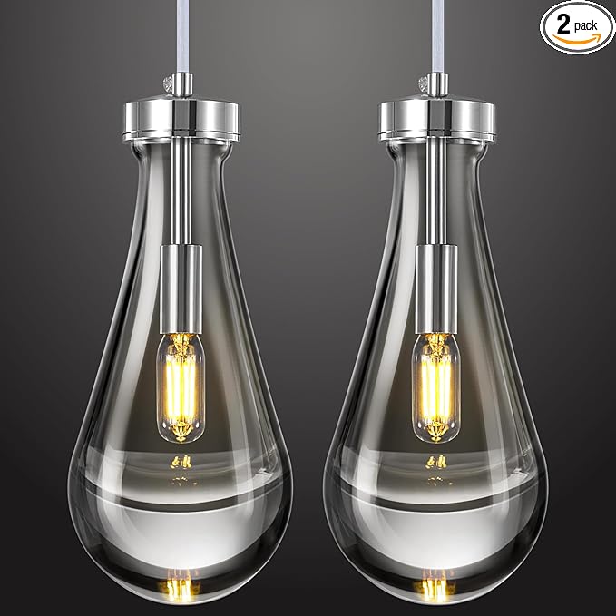 Raindrop Pendant Lights Kitchen Island Set of 2 Teardrop Chrome Hanging Light Fixtures Clear Solid Glass Pendant Light Modern Chandeliers for Dining Room Porch Corridor Living Room