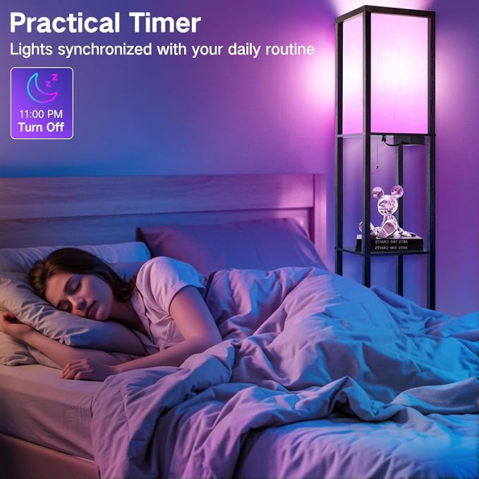 OUTON Floor Lamp with Shelves, LED Dimmable Floor Lamp with Remote & App Control, Charging Station, Color Changing, Wood Column Tall Standing Lamp for Living Room, Bedroom Office, RGB