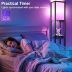 OUTON Floor Lamp with Shelves, LED Dimmable Floor Lamp with Remote & App Control, Charging Station, Color Changing, Wood Column Tall Standing Lamp for Living Room, Bedroom Office, RGB