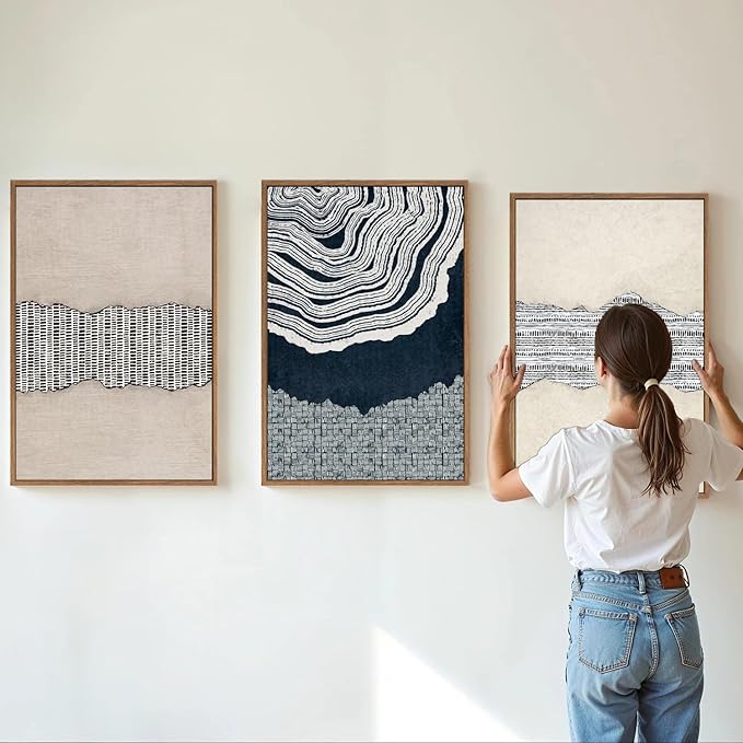 SIGNINART Blue and Beige Framed Canvas Wall Art Set, Neutral Abstract Tree Ring Wall Decor, Minimalist Dots and Line Artwork, Geometric Pattern Art Paintings for Living Room, Bedroom, Office 16"x24"x3