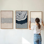 SIGNINART Blue and Beige Framed Canvas Wall Art Set, Neutral Abstract Tree Ring Wall Decor, Minimalist Dots and Line Artwork, Geometric Pattern Art Paintings for Living Room, Bedroom, Office 16"x24"x3