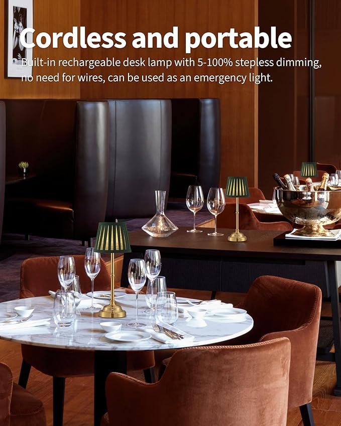 KDG Cordless LED Table Lamp Set of 2, Portables Fabric Shade Desk Lamps, 4000mAh Rechargeable Battery Powered Lighting, Dimmable Light for Dining Room, Bedroom, Bedside, Night Light, Balcony (Green)