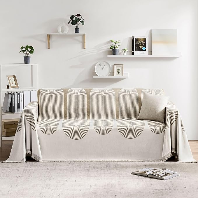 Couch Cover Boho for Dogs Washable Mocha Couch Covers for 2 Cushion Couch, Chenille Sectional Couch Covers L Shape Sofa Cover, Furniture Protector for Kids, Pets, Mocha 71" X150"