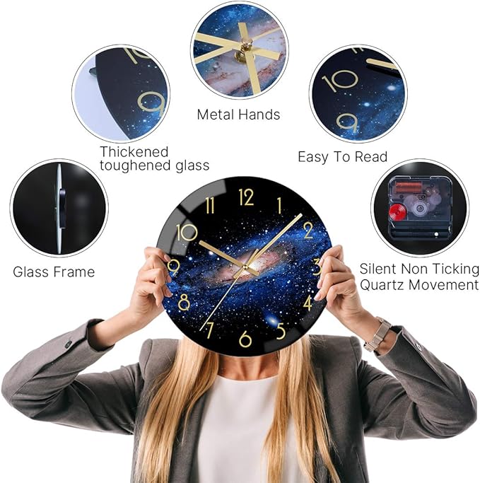 VIKMARI Black Wall Clock 12 Inch Round Silent Non-Ticking Quartz Battery Operated Wall Clocks Glass Night Sky Pattern Decorative Arabic Numerial Clock for Kitchen Living Room Dining Room and Bedroom