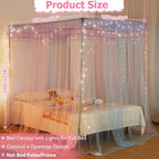 Full Size Bed Canopy with Lights, Bed Canopy for Girls Princess with Luminous Stars, Canopy Bed Curtains for Full Bed Kids Indoor Decor Bedroom, 4 Corner Post Bunk Bed for Student Dormitory, Blue&Pink