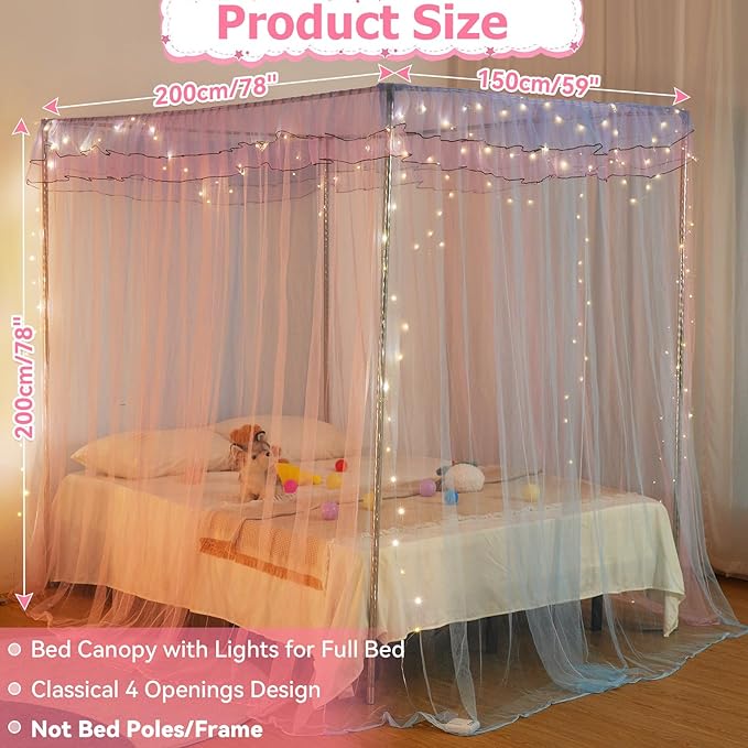 Full Size Bed Canopy with Lights, Bed Canopy for Girls Princess with Luminous Stars, Canopy Bed Curtains for Full Bed Kids Indoor Decor Bedroom, 4 Corner Post Bunk Bed for Student Dormitory, Blue&Pink