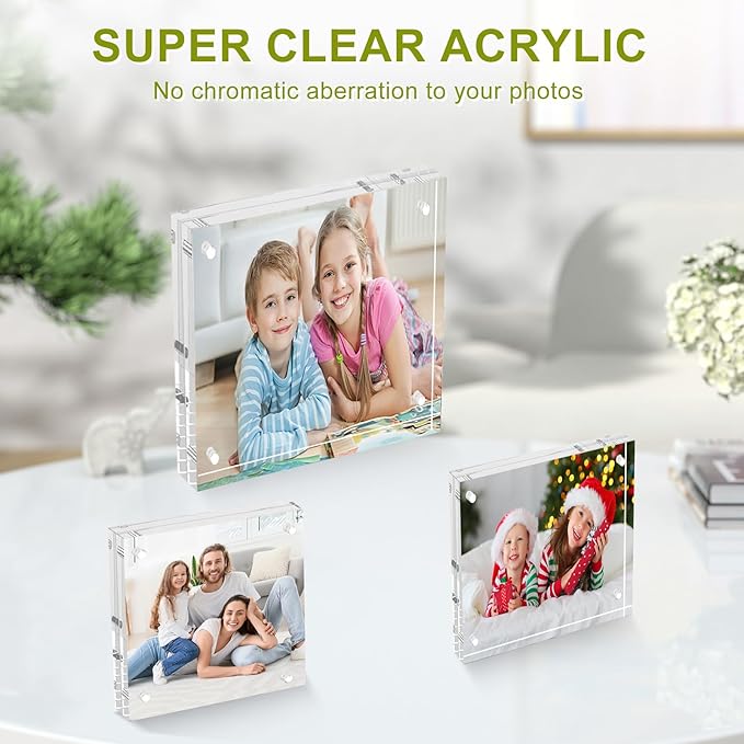4x4 Acrylic Picture Frame 10 Pack, Clear Picture Frames Double Sided Magnetic Acrylic Frames Freestanding Photo Block Frame Desktop Display Floating Frameless Frame Stand
