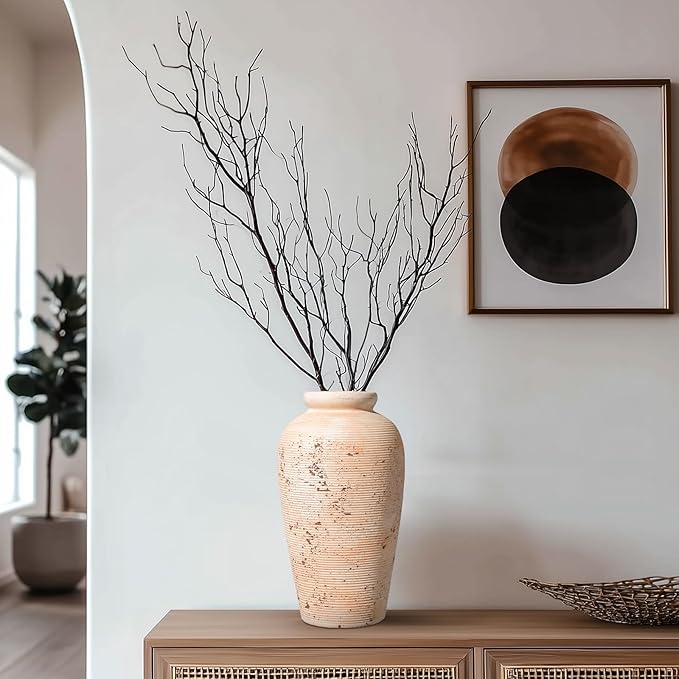 Ceramic Flower Vase, 11 inch Rustic Farmhouse Vase, Pottery Decorative Vases for Home Decor, Living Room, Shelf, Mantle, Entryway, Table Decor, White