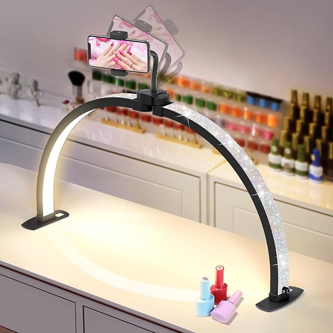 Half Moon Light for Nail Desk: 29" Foldable Half Moon Nail Desk Lamp with Phone Holder for Beginner - Arch Tech Light with 3 Color Modes & 10 Brightness for Manicure Salon (Black Diamond, Large)