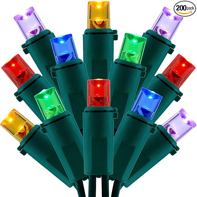 200 Count Multicolor Wide Angle LED Christmas Lights, 66 ft Green Wire UL Certified Commercial Grade 5mm Holiday String Light Set (Multicolor)