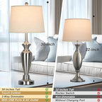 30" Tall Silver Table Lamps Set of 2 for Living Room, 3-Way Dimmable Touch Control Bedside Lamps for Bedroom Nightstand with USB A+C Ports & AC Outlet (2 LED Bulbs Included)