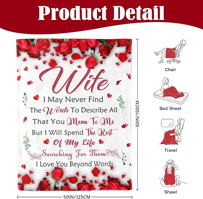 Gifts for Wife from Husband - Anniversary Wedding Gifts for Women - Wife Christmas & Birthday Gift Ideas - Romantic I Love You Gift for her - Valentines Present for Her - to My Wife's Blanket 50"x60"