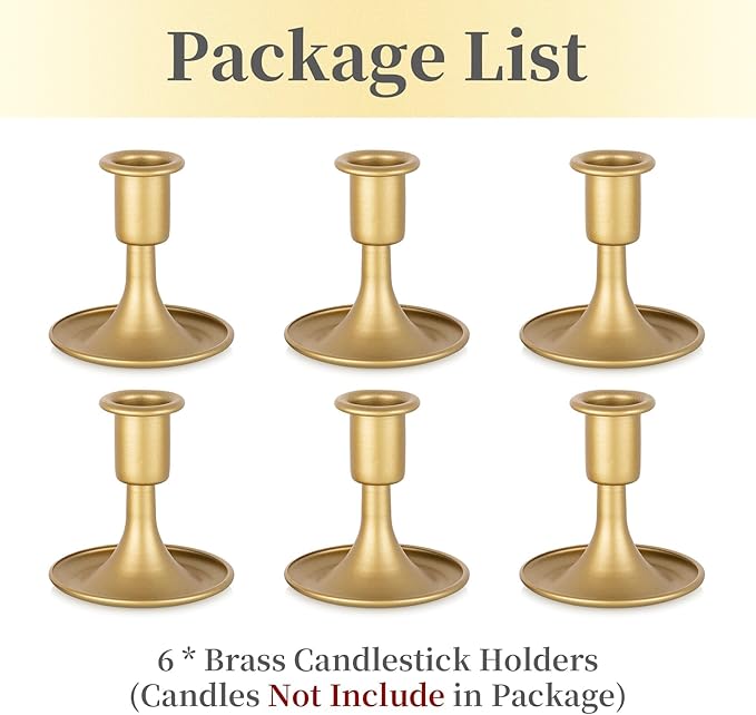 Gold Taper Candle Holder Set of 6, Hewory Short Skinny Brass Candlestick Holders, Vintage Small Low Metal Candles Sticks for Wedding Centerpieces Christmas Birthday Party Holiday Dinning Table Decor