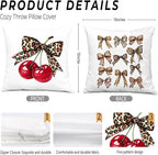 Coquette Leopard Bow Cherry Pillow Covers 18x18, Coquette Cheetah Print Room Decor, Preppy Girly Trendy Leopard Ribbon Cherry Decorative Throw Pillow Covers for Girls Dorm Apartment