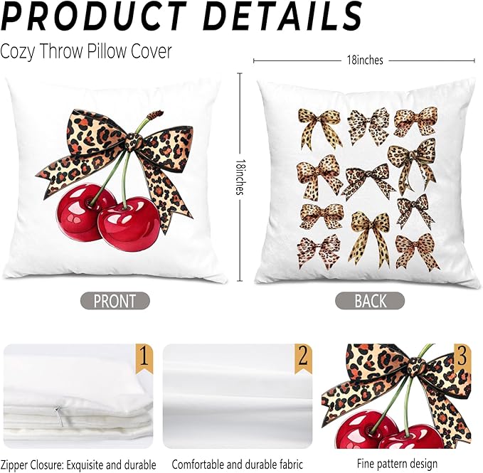Coquette Leopard Bow Cherry Pillow Covers 18x18, Coquette Cheetah Print Room Decor, Preppy Girly Trendy Leopard Ribbon Cherry Decorative Throw Pillow Covers for Girls Dorm Apartment