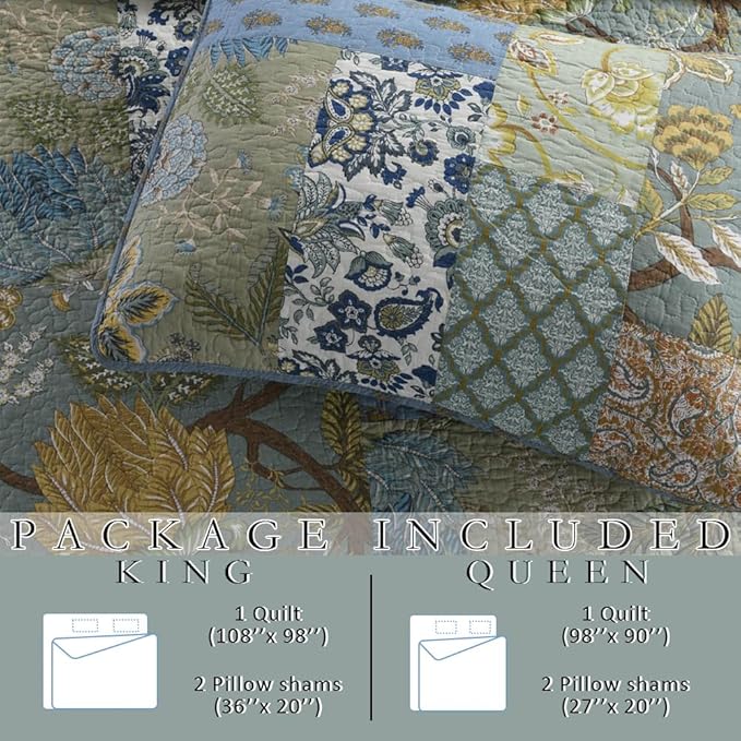 Cotton Bedspread Bedding Coverlet Quilt Sets, Reversible Vintage Branch Floral Bedspread comforters, (Rustic Sage Green Patchwork Pattern, Queen Size)