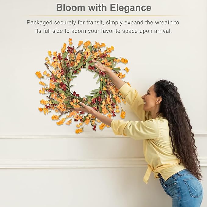 Artgar Fall Wreath, Fall Wreaths for Front Door, 24 in Fall Decor Floral Wreath, Door Wreaths for Front Door Outside All Season for Thanksgiving Home Indoor Outdoor Wall Decor (Red Orange Yellow)