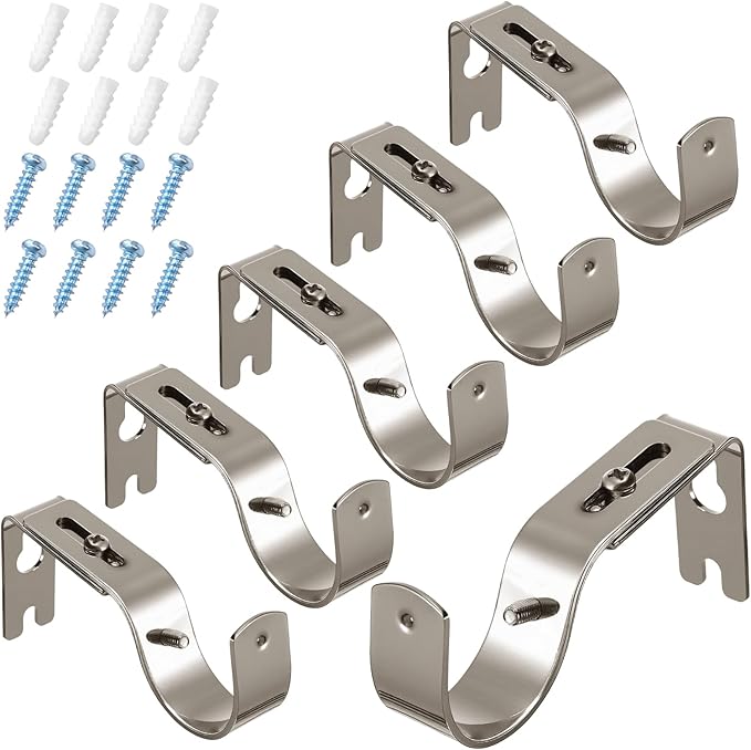 Frienda 6 Pcs Curtain Rod Brackets Adjustable Holder Wall for 1 Inch Diameter Curtain Rod General Bracket Hooks with Screws (Tinned Silver)