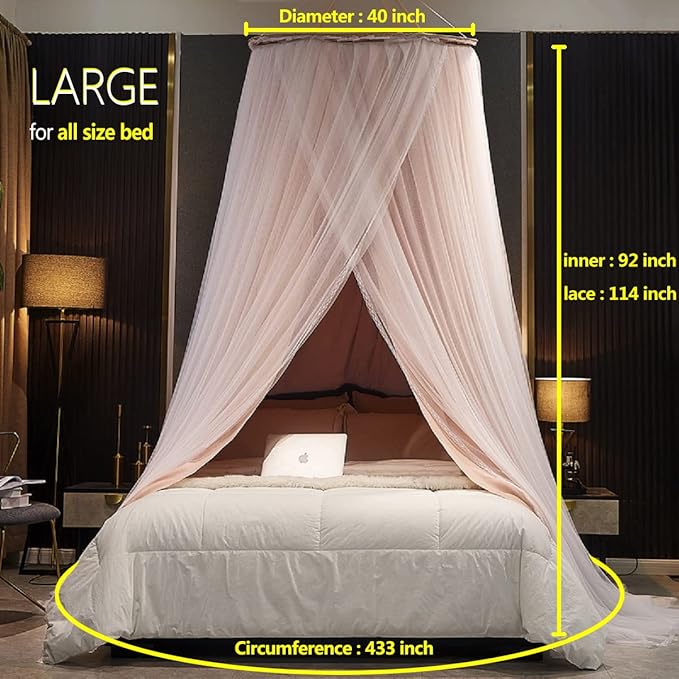 Kertnic Luxurious Bed Canopy for Girls & Adults - Double Layer Princess Canopy with Lace, Round Dome Mosquito Netting for Queen/King Bed Tent (Pink)