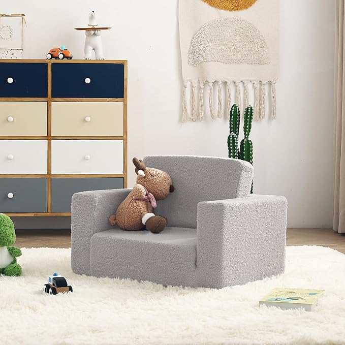 Toddler Chair Sherpa Kids Couch, 2-in-1 Toddler Soft Kids Sofa Toddler Lounger Chair for Bedroom, Convertible Toddler Couch for Girls and Boys, Reading Chair for Kids, Grey