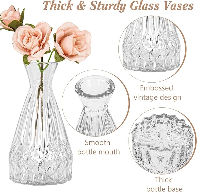 Set of 40 Glass Bud Vases, Small Clear Glass Vases in Bulk, Mini Vintage Embossed Flower Vase for Wedding, Centerpieces, Birthday Party, Baby Shower, Home Table Decorations (Clear)