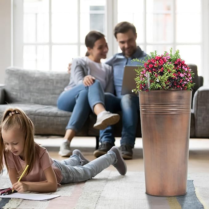 KOL 22''H 2-Pack Planter with Water Level Indicator - Galvanized Steel Pot - Self Watering Planters Flower Pot for Plant - Inner Pot Design - Round Metal Planter Box - Indoor Outdoor Planting - Bronze