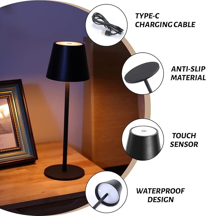 Maksone 2 Pack RGB Cordless Table Lamp, 6600mWh Rechargeable Battery Desk Lamp, 3000K Stepless Dimming and Led Color Changing Night Light, IP54 Waterproof Outdoor Portable Lamp for Patio (Black)